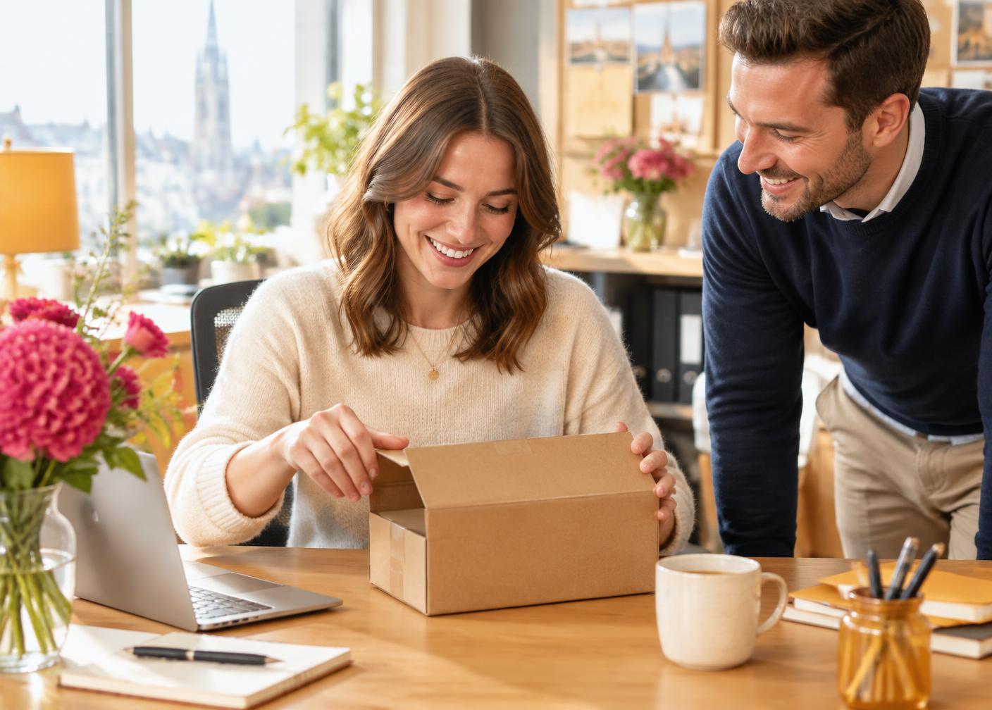 Collega's genieten van een bezorgd cadeau op het werk